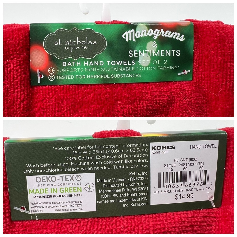 St. Nicholas Square Holiday Season Mr & Mrs Claus Hand Towel 2-pack Set NEW - Picture 4 of 4